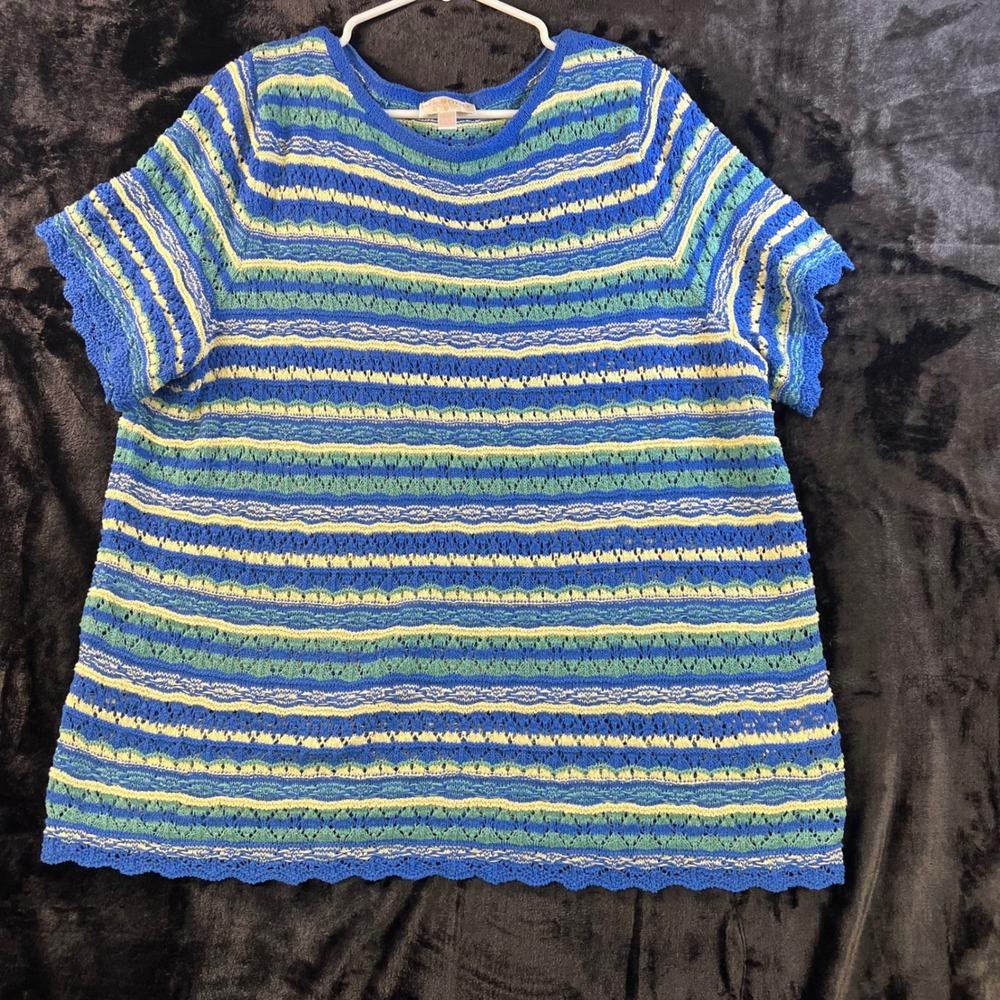 Belle Boho XL Crochet Knit Striped Tunic Summer Lightweight‎ Textured Beach